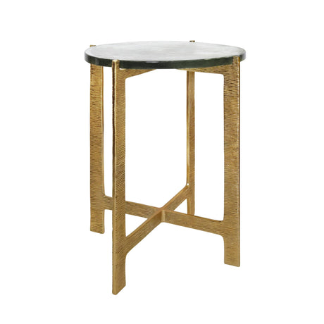 Worlds Away Round Side Table With Hammered Brass Base And Thick Poured Glass Top