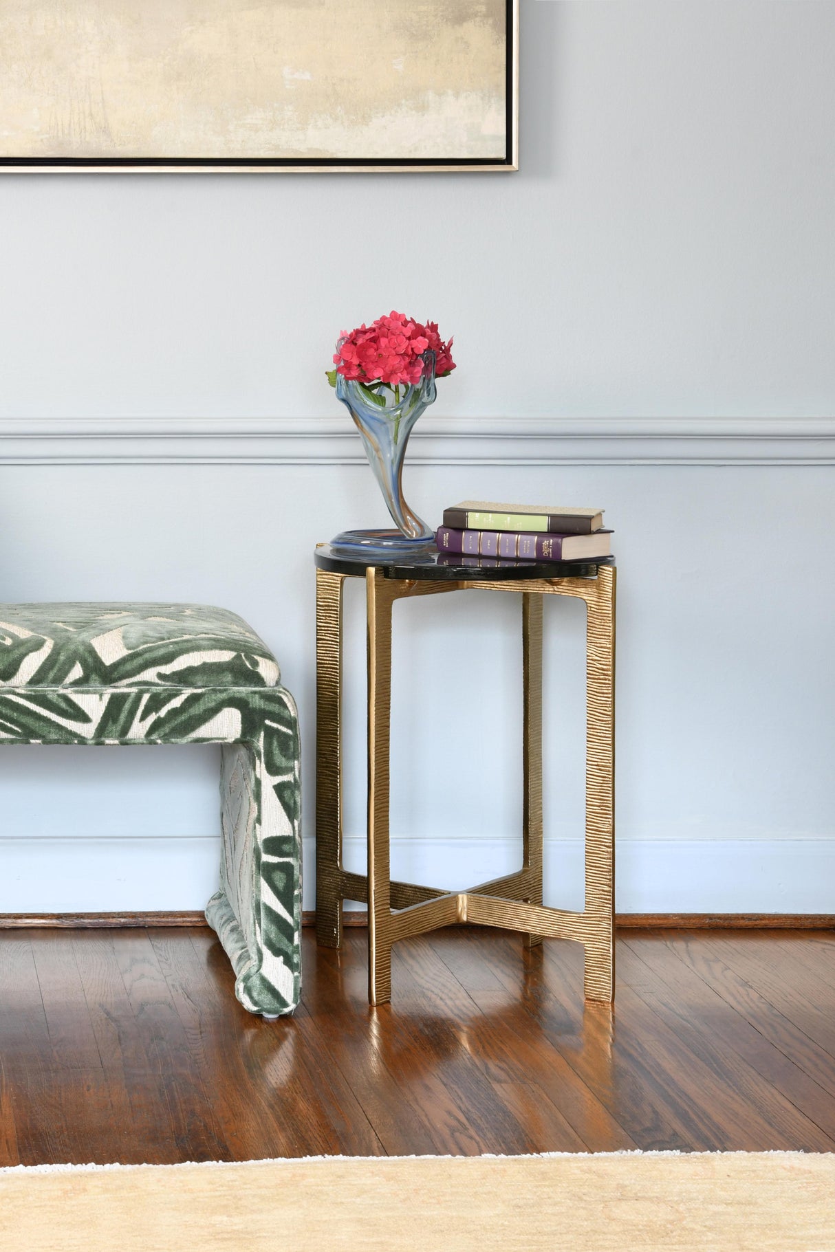 Worlds Away Round Side Table With Hammered Brass Base And Thick Poured Glass Top