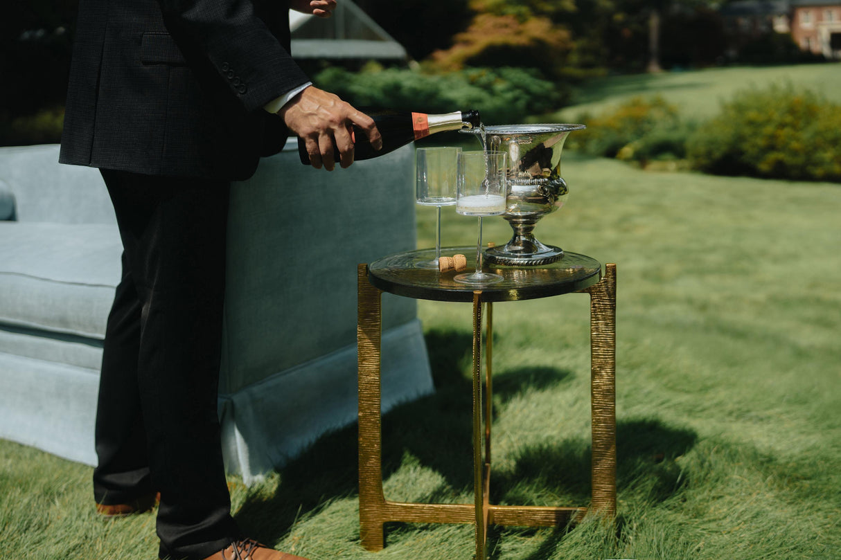 Worlds Away Round Side Table With Hammered Brass Base And Thick Poured Glass Top