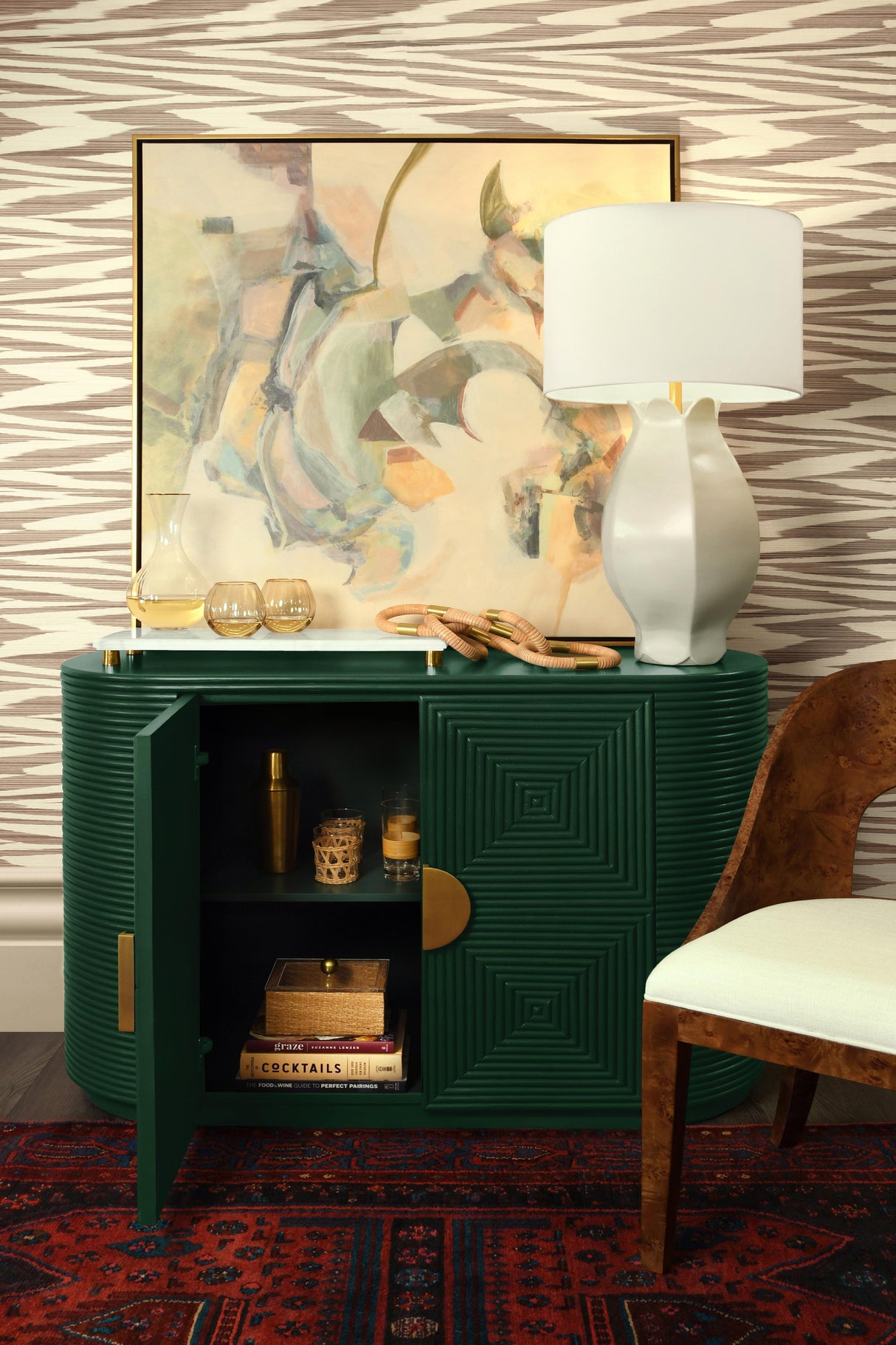 Worlds Away Two Door Reeded Case With Curved End Cabinet In Painted Hunter Green