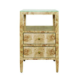Worlds Away Two Drawer Side Table In Burl Wood With Polished Brass Knobs