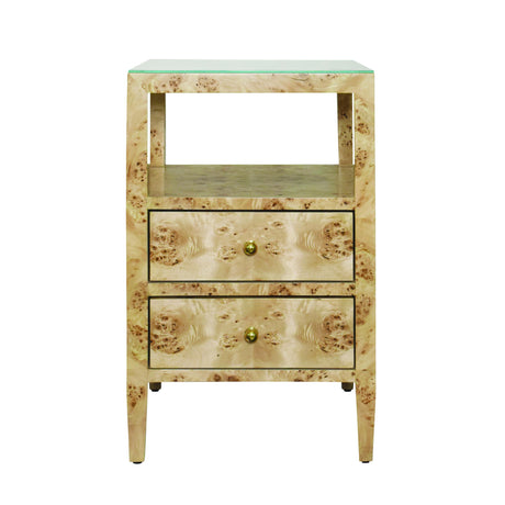 Worlds Away Two Drawer Side Table In Burl Wood With Polished Brass Knobs