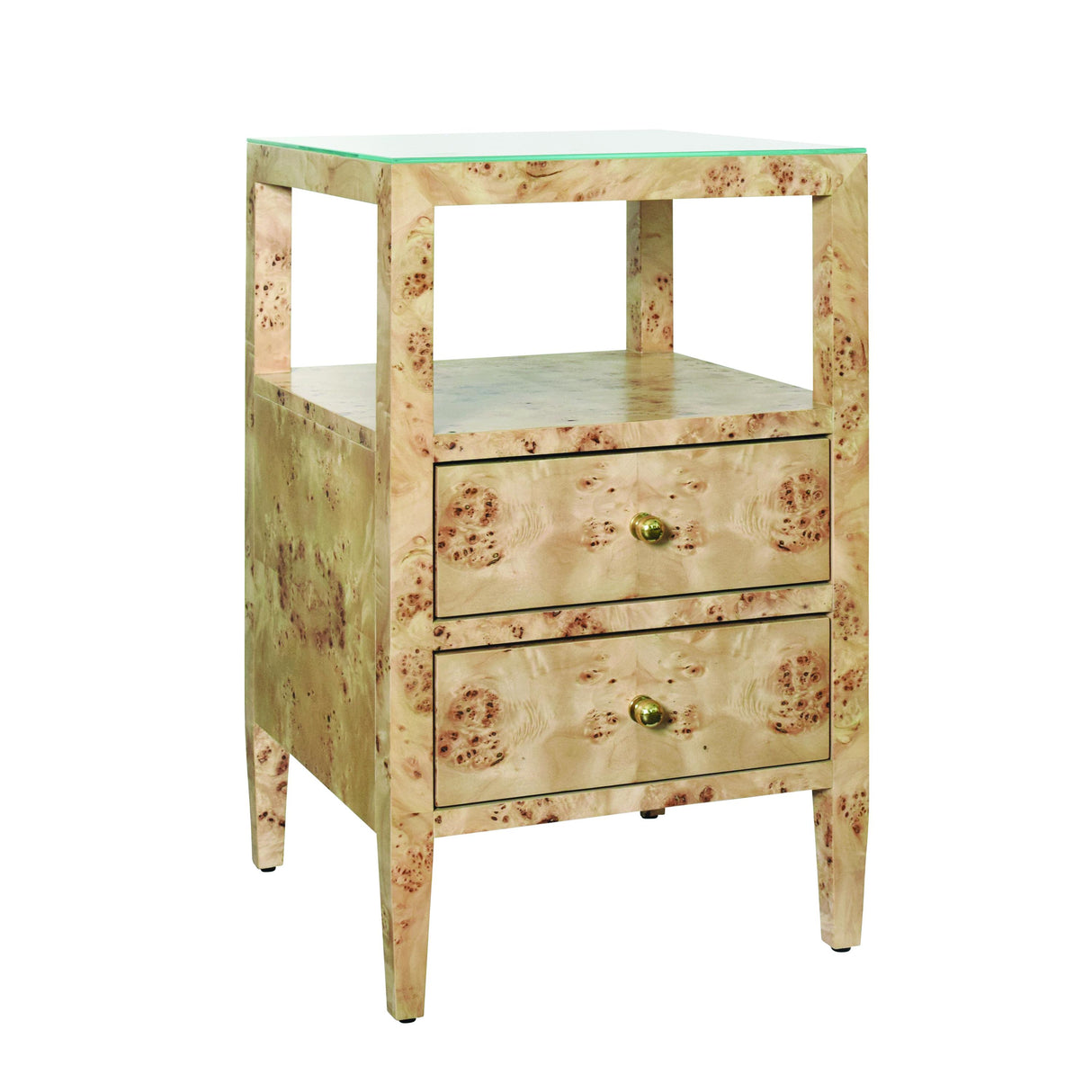 Worlds Away Two Drawer Side Table In Burl Wood With Polished Brass Knobs