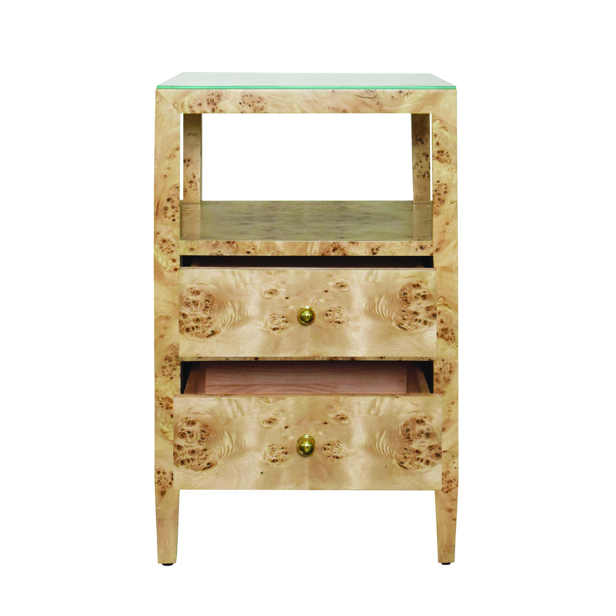 Worlds Away Two Drawer Side Table In Burl Wood With Polished Brass Knobs