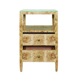 Worlds Away Two Drawer Side Table In Burl Wood With Polished Brass Knobs