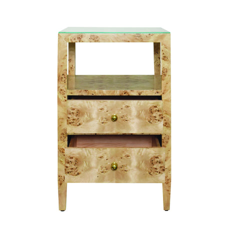 Worlds Away Two Drawer Side Table In Burl Wood With Polished Brass Knobs