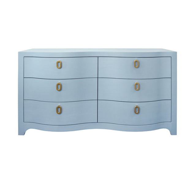 Worlds Away Curved Front Six Drawer Chest In Textured Light Blue Linen