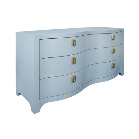 Worlds Away Curved Front Six Drawer Chest In Textured Light Blue Linen