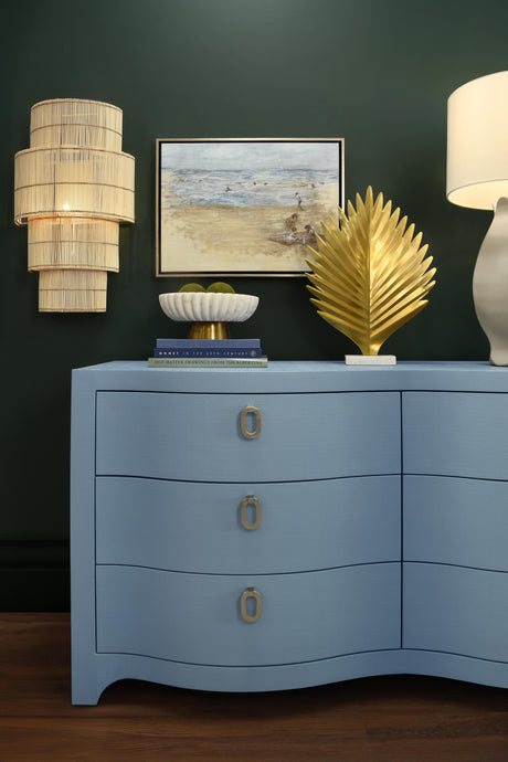 Worlds Away Curved Front Six Drawer Chest In Textured Light Blue Linen