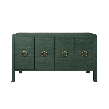 Worlds Away Four Door Buffet With Antique Brass Circle Hardware In Dyed Green Grasscloth