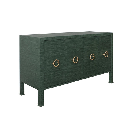 Worlds Away Four Door Buffet With Antique Brass Circle Hardware In Dyed Green Grasscloth