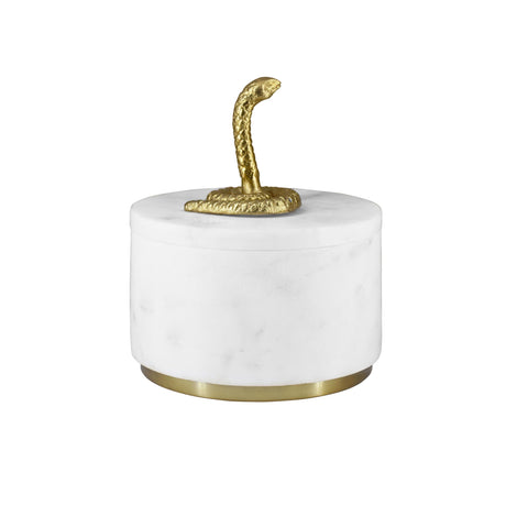 Worlds Away White Marble Container With Brass Snake Top And Bottom Brass Rim