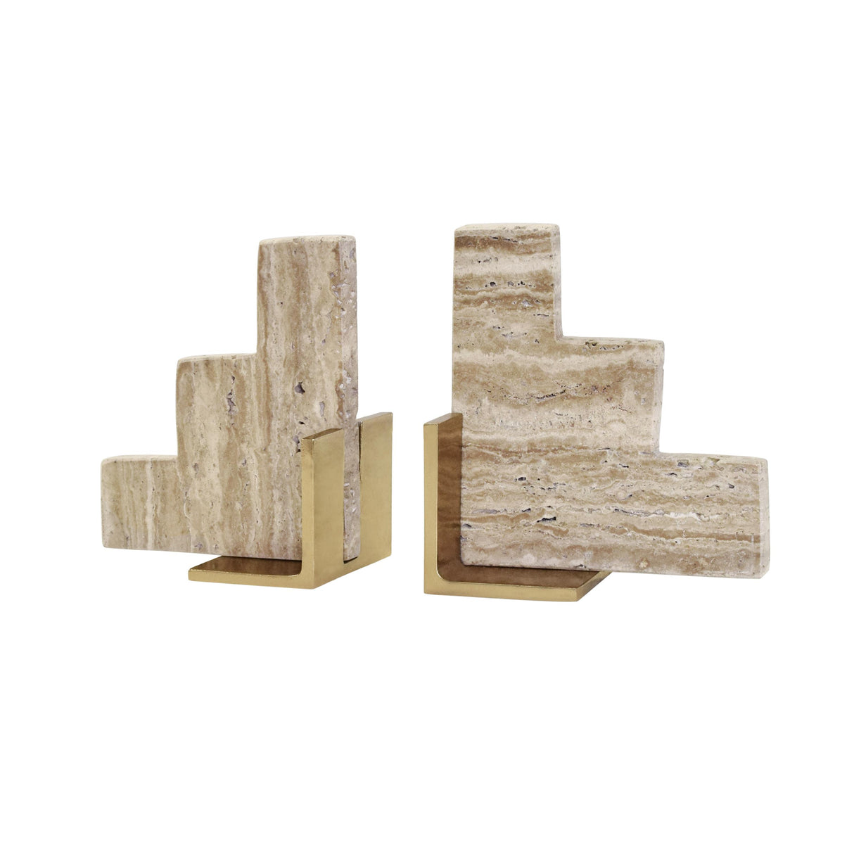 Worlds Away Pair Of Natural Travertine Stair Step Bookends With Brass Detail