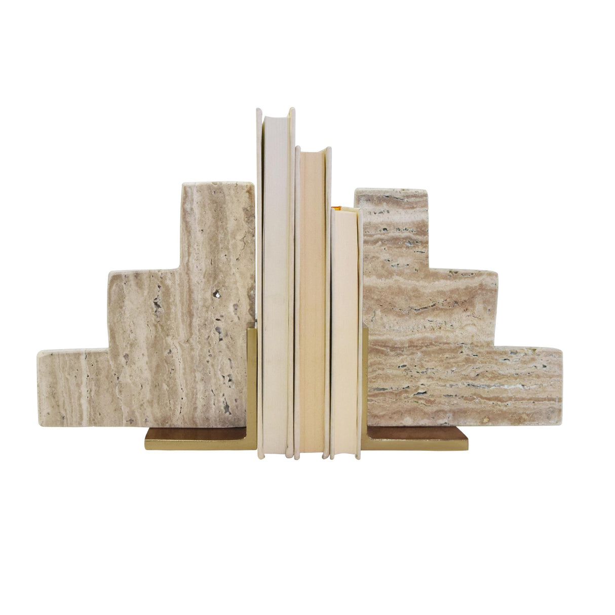 Worlds Away Pair Of Natural Travertine Stair Step Bookends With Brass Detail