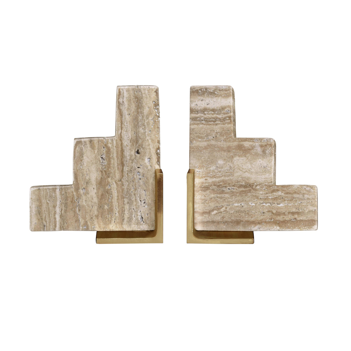 Worlds Away Pair Of Natural Travertine Stair Step Bookends With Brass Detail