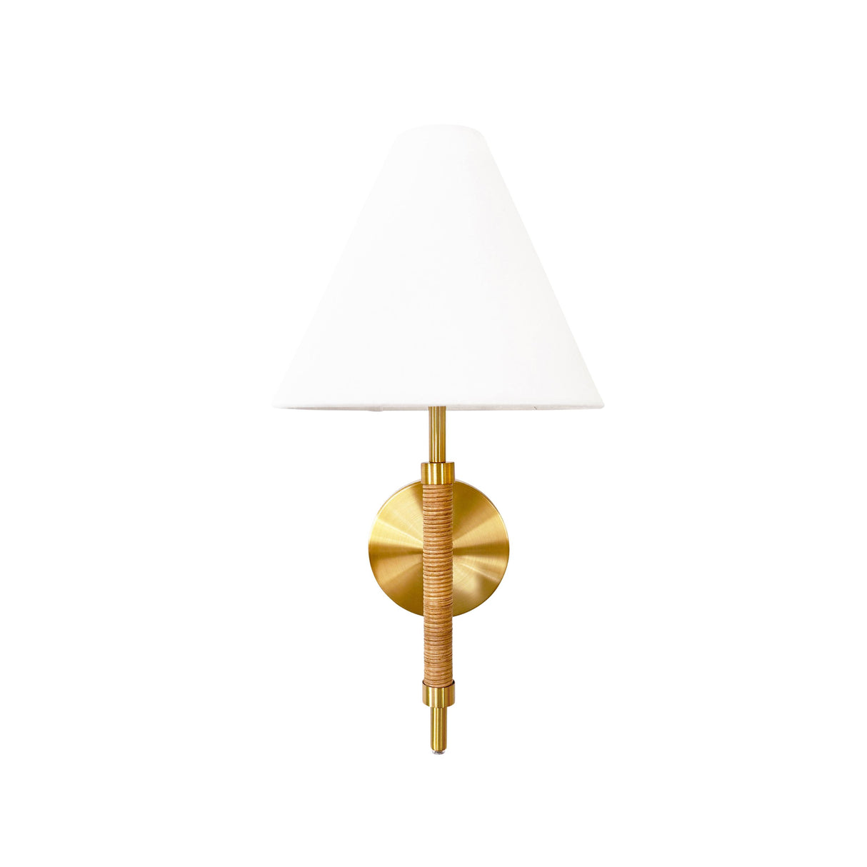 Worlds Away Rechargeable Wall Sconce With Wrapped Rattan Pole In Brass With White Linen Shade