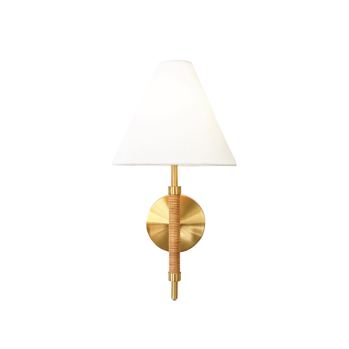 Worlds Away Rechargeable Wall Sconce With Wrapped Rattan Pole In Brass With White Linen Shade