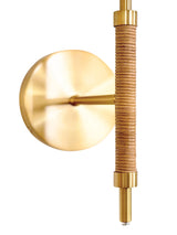 Worlds Away Rechargeable Wall Sconce With Wrapped Rattan Pole In Brass With White Linen Shade