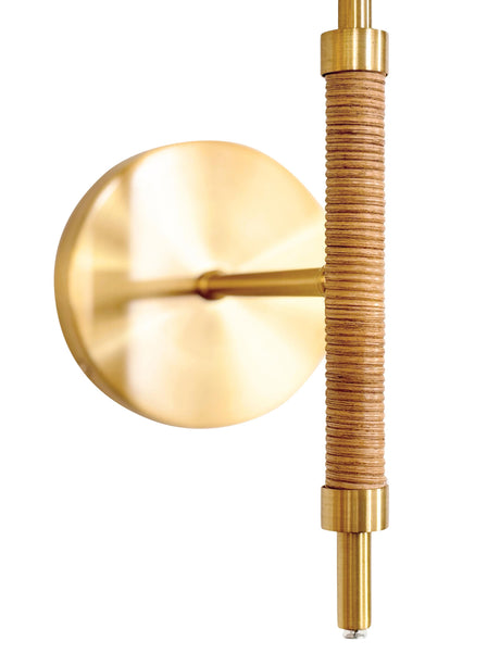 Worlds Away Rechargeable Wall Sconce With Wrapped Rattan Pole In Brass With White Linen Shade