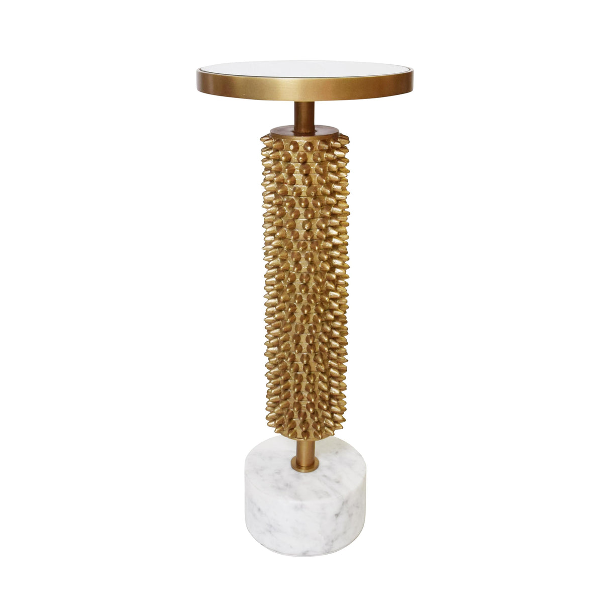 Worlds Away Round Pedestal Side Table With Urchin Textured Detail And White Marble Base With Inset Mirror Top