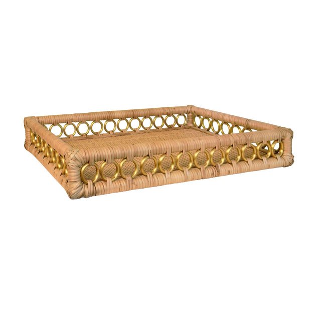 Worlds Away Rectangular Natural Rattan Tray With Brass Ring Detail On Edge