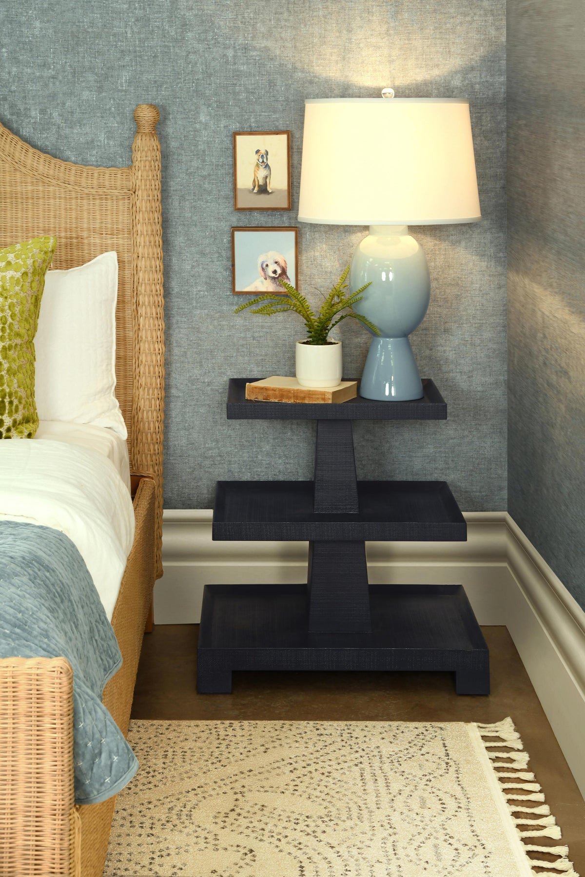 Worlds Away Three Tier Center Column Side Table In Textured Navy Linen