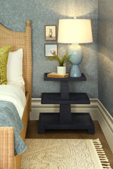 Worlds Away Three Tier Center Column Side Table In Textured Navy Linen