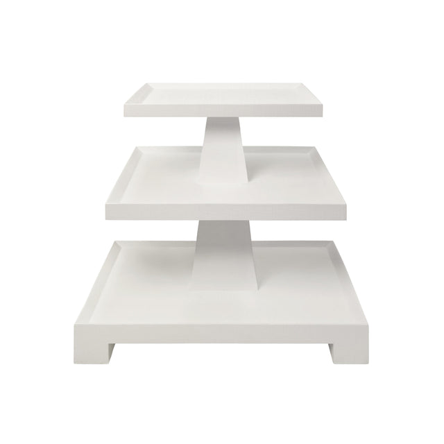 Worlds Away Three Tier Center Column Side Table In Textured White Linen