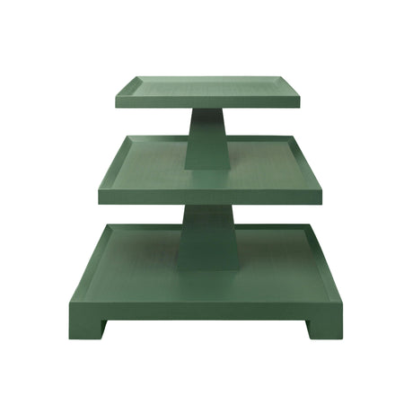 Worlds Away Three Tier Center Column Side Table In Textured Green Linen