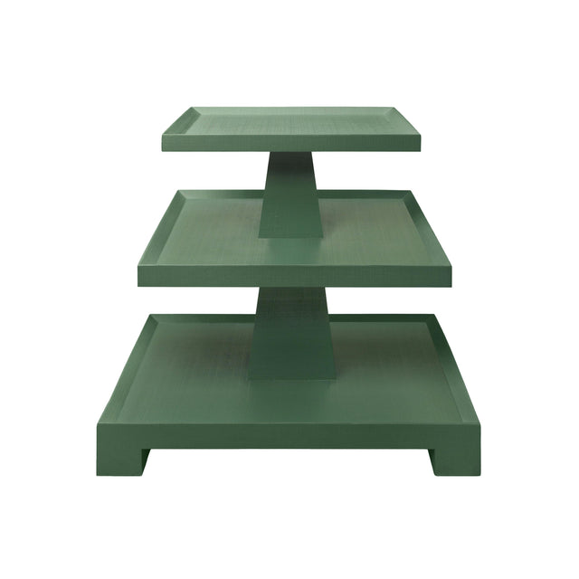 Worlds Away Three Tier Center Column Side Table In Textured Green Linen