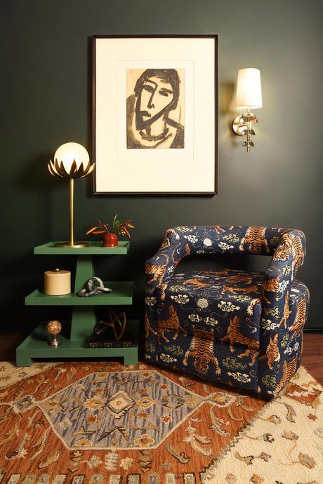 Worlds Away Three Tier Center Column Side Table In Textured Green Linen