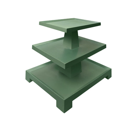 Worlds Away Three Tier Center Column Side Table In Textured Green Linen