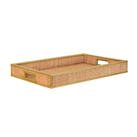Worlds Away Rectangular Natural Wicker Rattan Tray With Framed Brass Edge