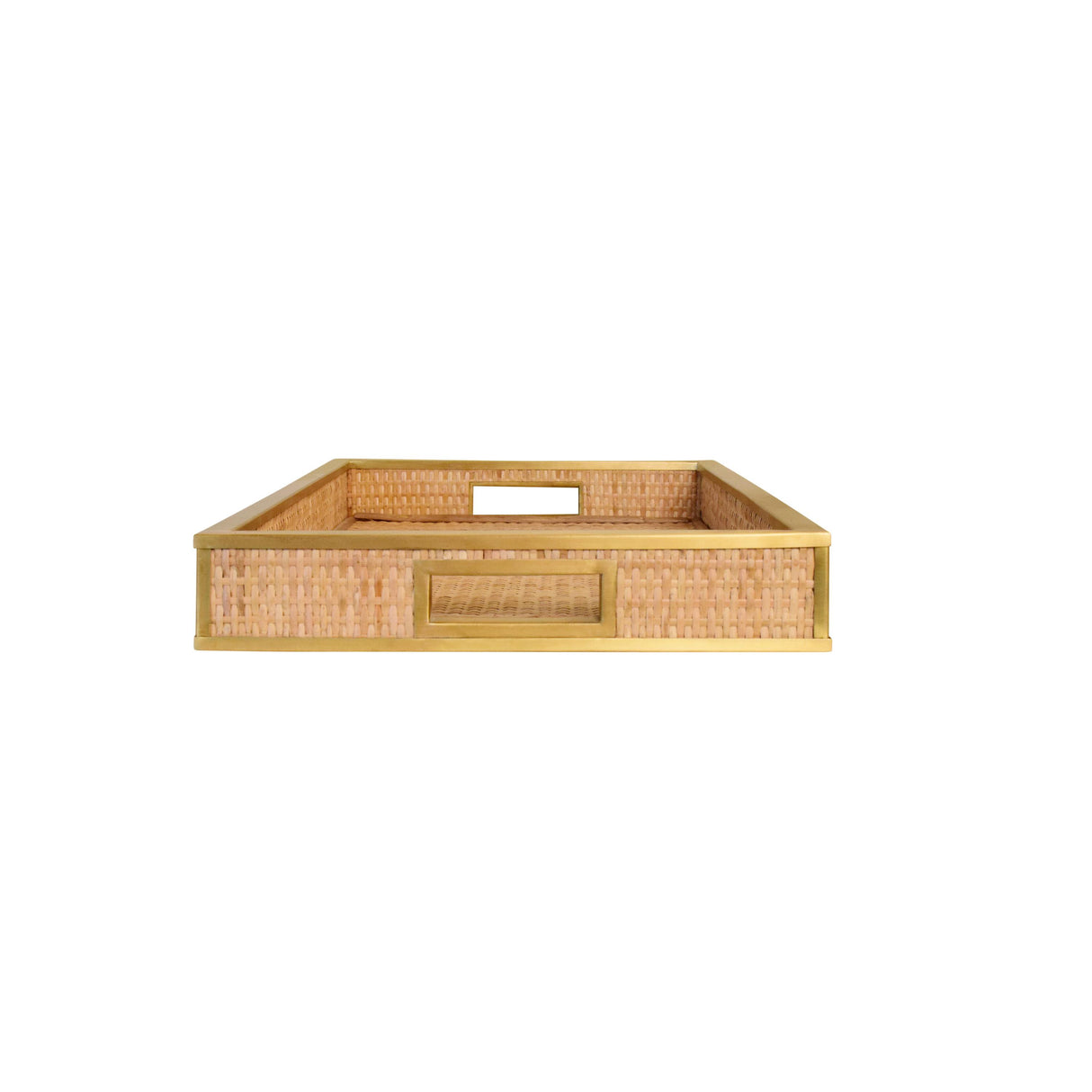 Worlds Away Rectangular Natural Wicker Rattan Tray With Framed Brass Edge