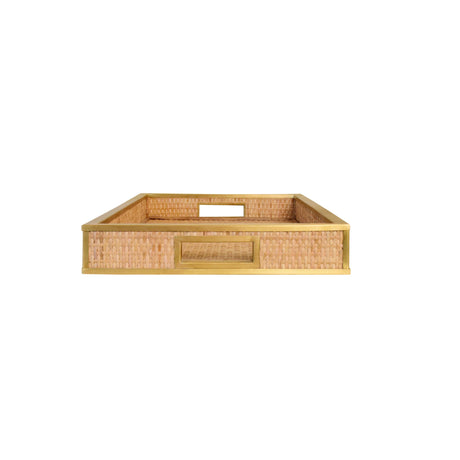 Worlds Away Rectangular Natural Wicker Rattan Tray With Framed Brass Edge