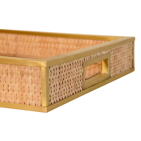 Worlds Away Rectangular Natural Wicker Rattan Tray With Framed Brass Edge