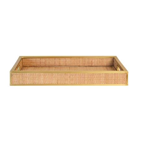 Worlds Away Rectangular Natural Wicker Rattan Tray With Framed Brass Edge