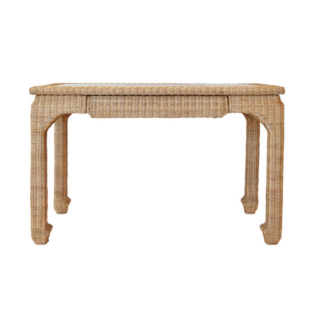 Worlds Away One Drawer Ming Style Desk In Woven Rattan With Glass Top