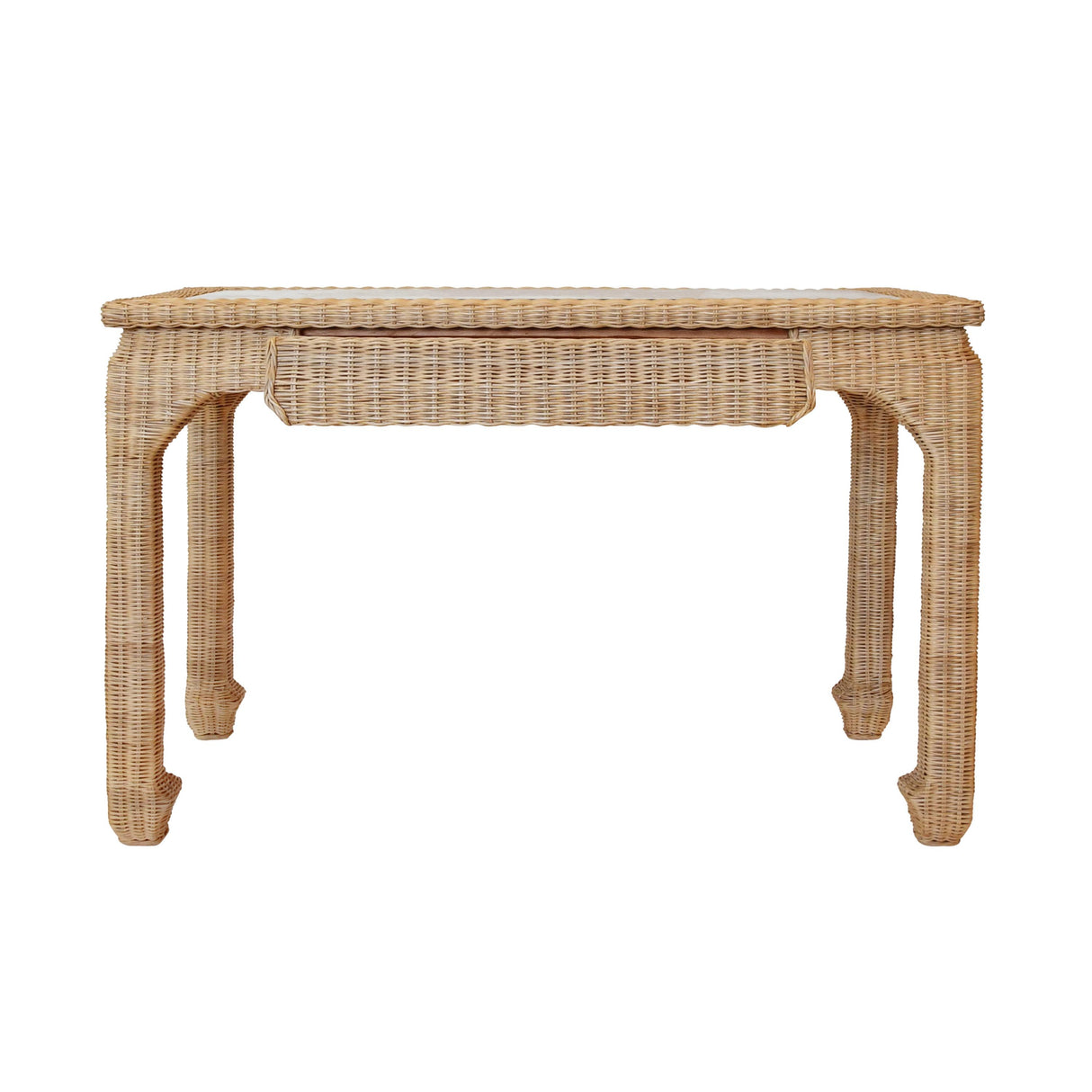 Worlds Away One Drawer Ming Style Desk In Woven Rattan With Glass Top