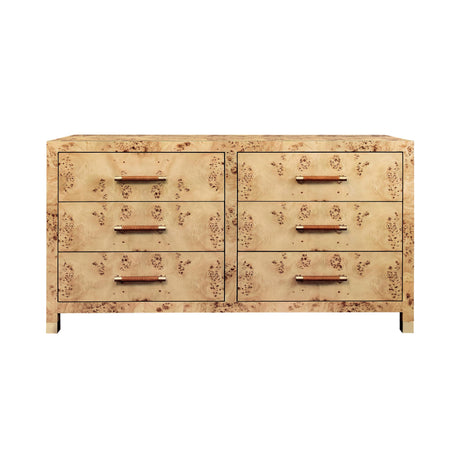 Worlds Away Six Drawer Chest With Rattan Wrapped Handles In Burl Wood