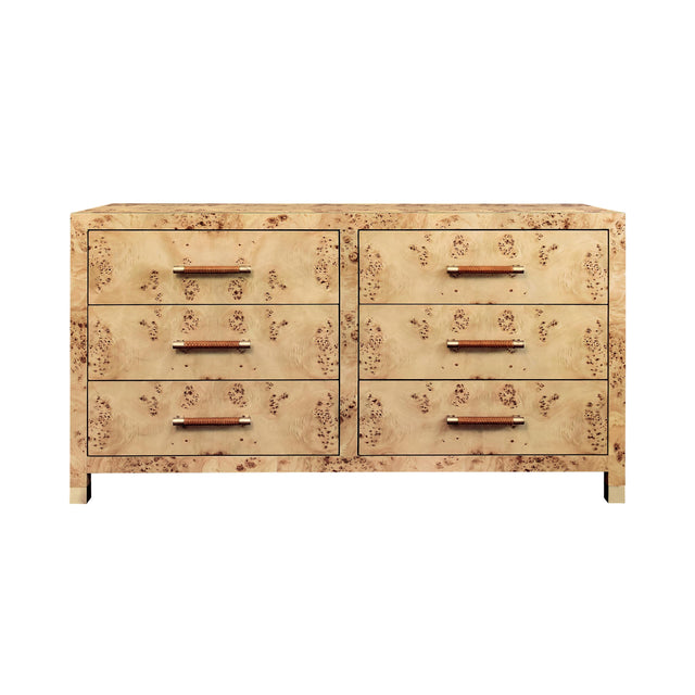 Worlds Away Six Drawer Chest With Rattan Wrapped Handles In Burl Wood