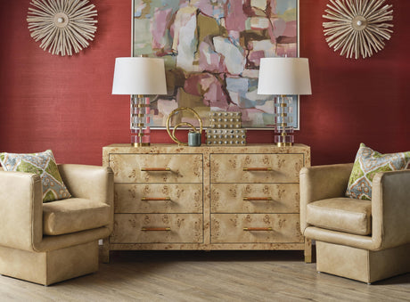 Worlds Away Six Drawer Chest With Rattan Wrapped Handles In Burl Wood