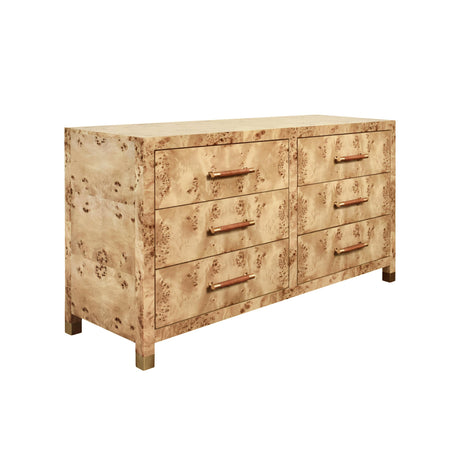 Worlds Away Six Drawer Chest With Rattan Wrapped Handles In Burl Wood