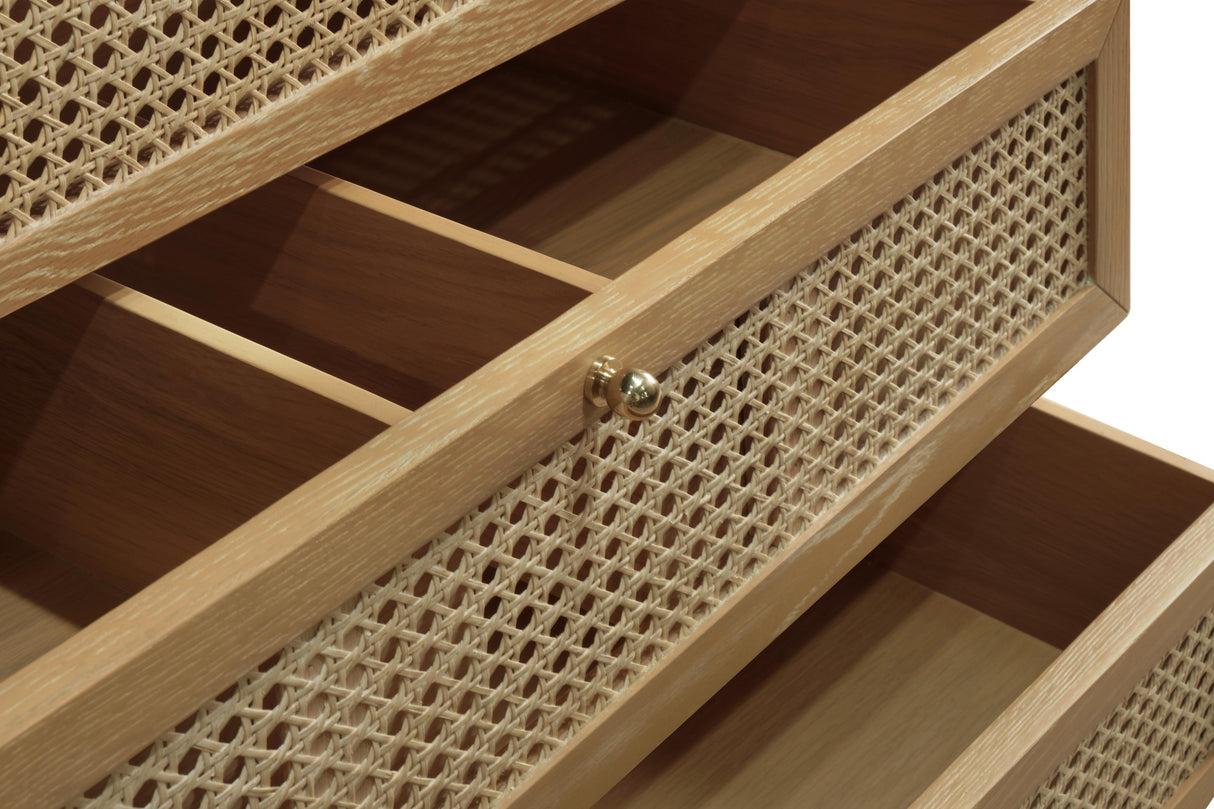 Worlds Away Bath Vanity In Cerused Oak With Cane Front Drawers, White Marble Top, And Porcelain Sink
