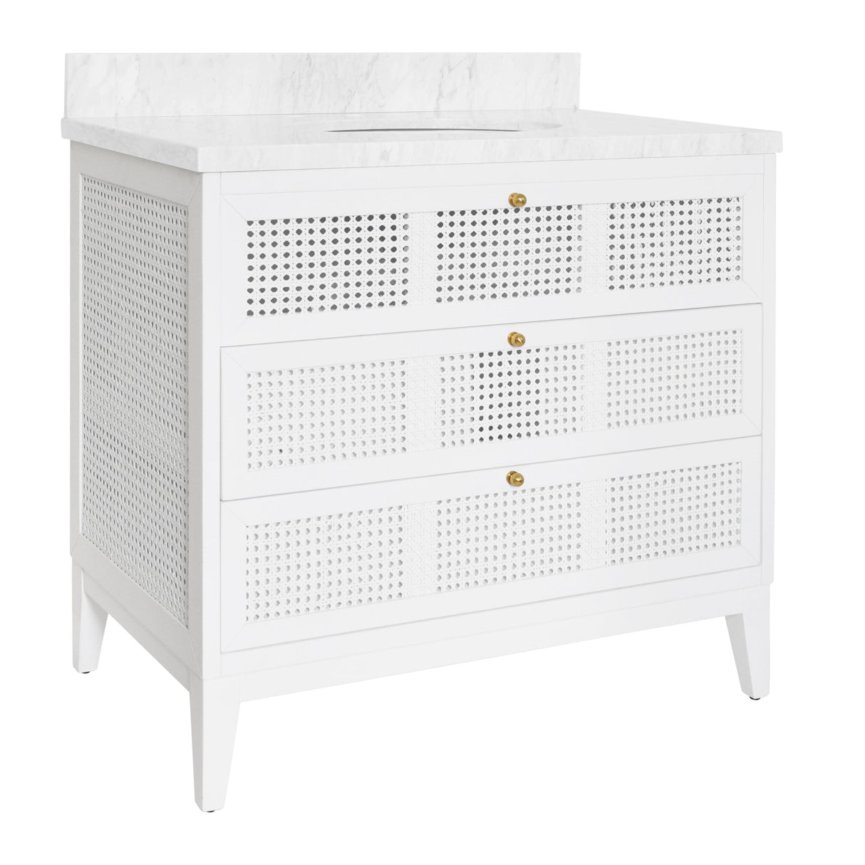 Worlds Away Bath Vanity In Matte White Lacquer With Cane Front Drawers, White Marble Top, And Porcelain Sink