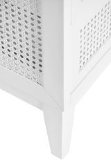 Worlds Away Bath Vanity In Matte White Lacquer With Cane Front Drawers, White Marble Top, And Porcelain Sink