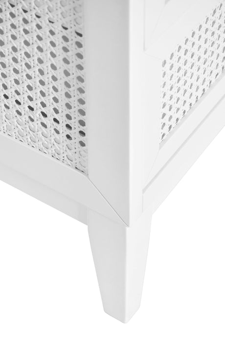 Worlds Away Bath Vanity In Matte White Lacquer With Cane Front Drawers, White Marble Top, And Porcelain Sink