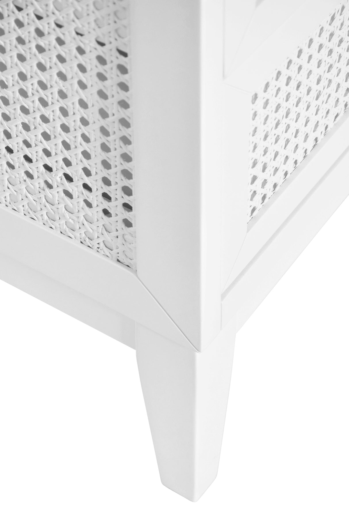 Worlds Away Bath Vanity In Matte White Lacquer With Cane Front Drawers, White Marble Top, And Porcelain Sink