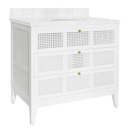Worlds Away Bath Vanity In Matte White Lacquer With Cane Front Drawers, White Marble Top, And Porcelain Sink