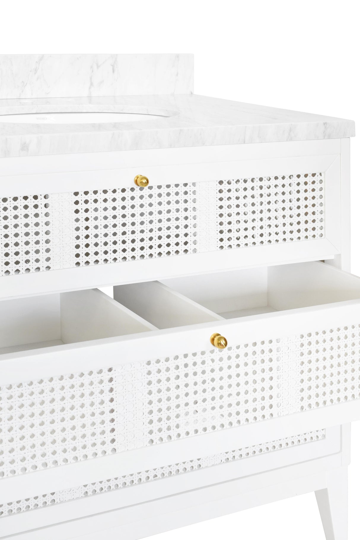 Worlds Away Bath Vanity In Matte White Lacquer With Cane Front Drawers, White Marble Top, And Porcelain Sink